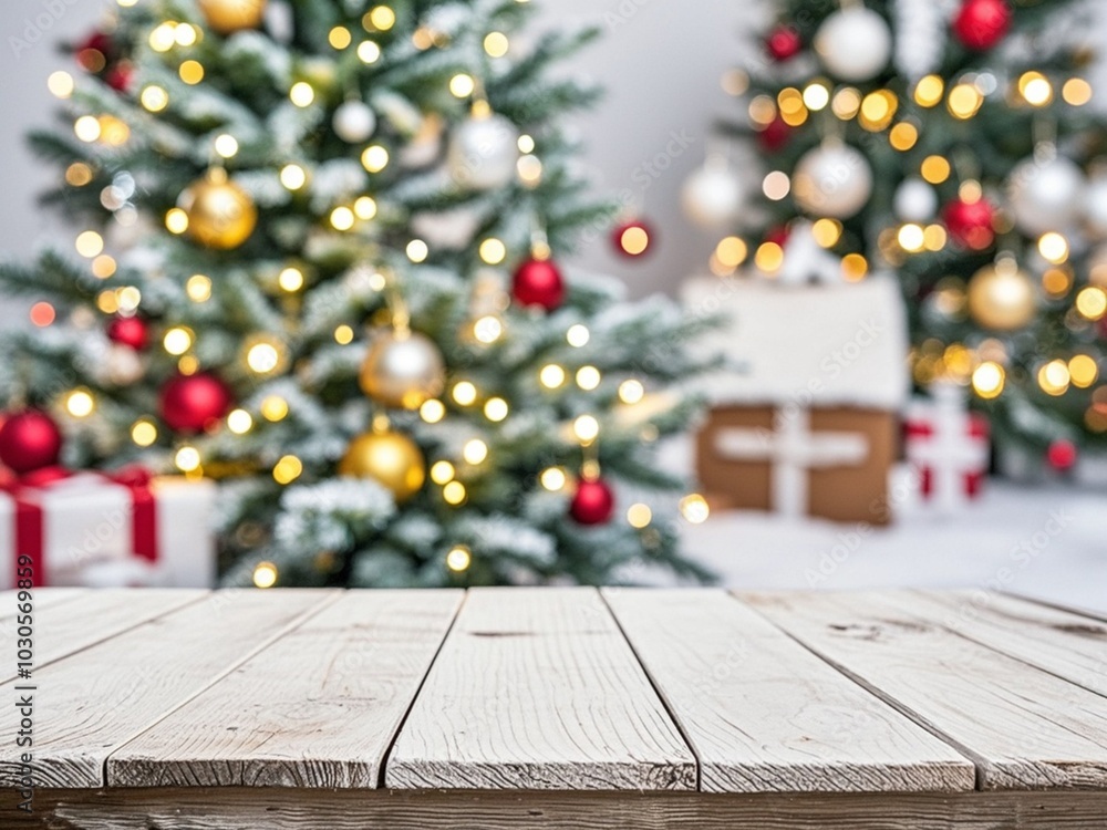 white The empty wooden table top with blur background of Christmas