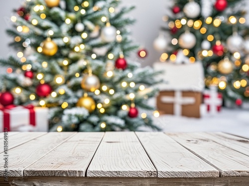 Obraz na płótnie white The empty wooden table top with blur background of Christmas w salonie