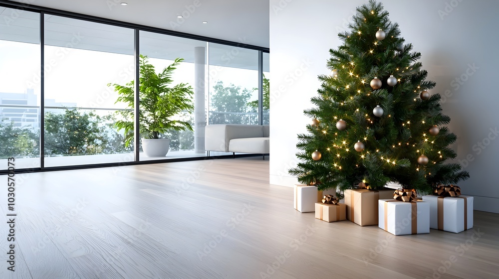 Obraz premium Festive Christmas tree adorned with sparkling ornaments and wrapped presents underneath in a cozy and inviting living room setting creating a warm and joyful holiday atmosphere