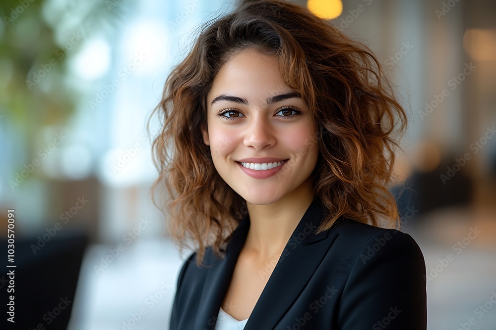 Smiling Corporate Woman with Curly Brown Hair in Jacket Smiling Corporate Woman with Curly Brown Hair in Jacket