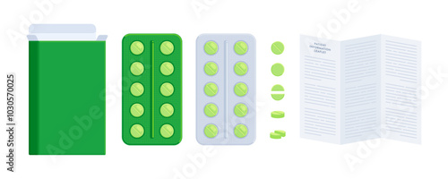 Set of green pill packs with patient information leaflet. Healthcare, medicine, pharmacy, OTC drugs concept. Flat vector illustration isolated on a white background with copy space