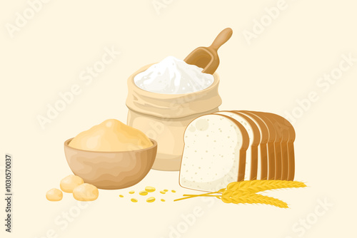 Delicious fresh baked white whole wheat bread with grains and a sack of wheat flour, Starchy or carbohydrate foods that naturally contain gluten, Bread loaves or sandwich slices and processed foods.