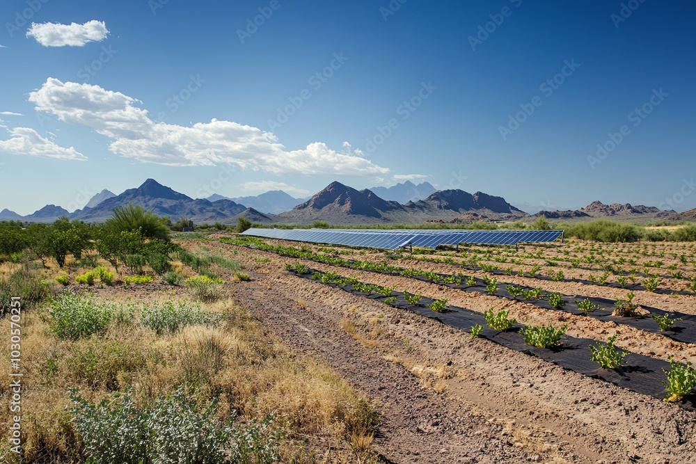 A solar farm with rows of crops under a clear blue sky in a mountainous landscape during afternoon sunlight. Generative AI A solar farm with rows of crops under a clear blue sky in a mountainous landscape during afternoon sunlight. Generative AI