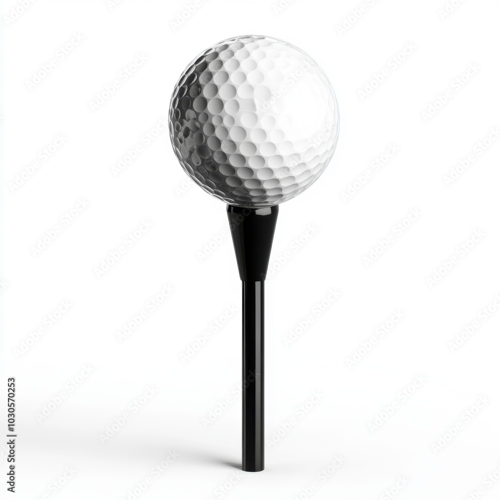 White golf ball on black tee isolated on white background for sports concept design White golf ball on black tee isolated on white background for sports concept design