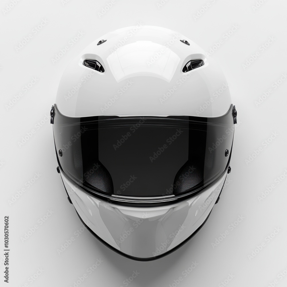 White motorcycle helmet with tinted visor on a white background White motorcycle helmet with tinted visor on a white background