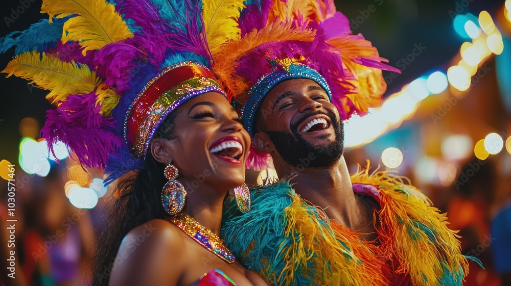 Couple smiling in colorful carnival costumes Couple smiling in colorful carnival costumes