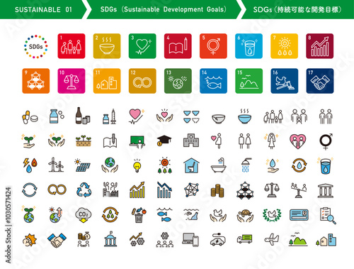 SDGs（持続可能な開発目標）のアイコンセット。サステナブル、エコロジーに関するイラスト。