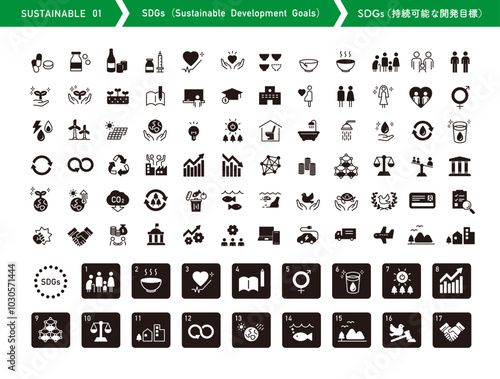 SDGs（持続可能な開発目標）のアイコンセット。サステナブル、エコロジーに関するイラスト。