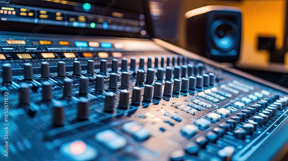 Professional audio mixing board in focus, with a studio broadcasting setup in the background, ready for sound production. Professional audio mixing board in focus, with a studio broadcasting setup in the background, ready for sound production.