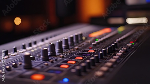 Professional audio mixing board in focus, with a studio broadcasting setup in the background, ready for sound production.