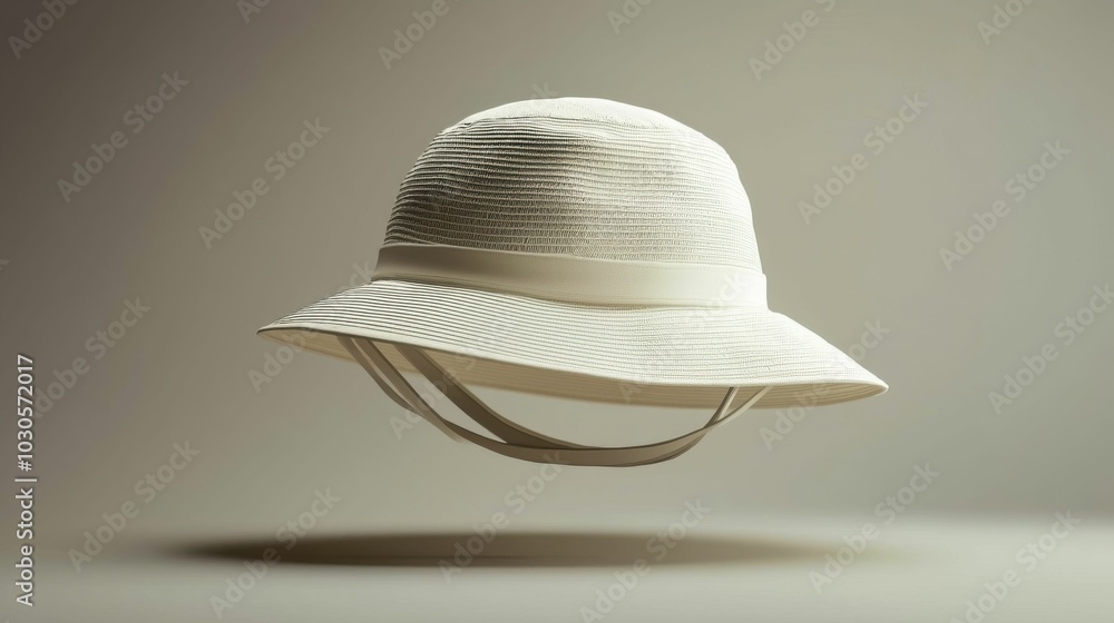 A stylish white bucket hat is showcased, featuring soft textures and elegant details, floating over a minimalist background. A stylish white bucket hat is showcased, featuring soft textures and elegant details, floating over a minimalist background.