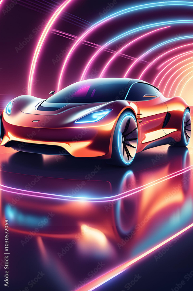 Naklejka premium Futuristic Speed: A sleek, red sports car races through a neon-lit tunnel, its bright lights reflecting off the smooth surface of the road. The car is a symbol of speed, power, and innovation.