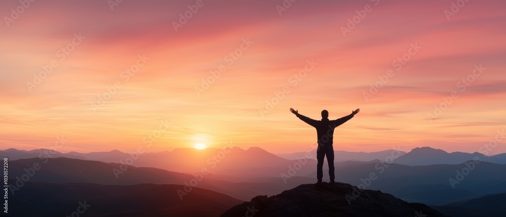 A silhouetted man stands atop a rock, with arms wide open against a vibrant sunset of orange and pink hues, capturing a moment of tranquility and freedom in nature. A silhouetted man stands atop a rock, with arms wide open against a vibrant sunset of orange and pink hues, capturing a moment of tranquility and freedom in nature.