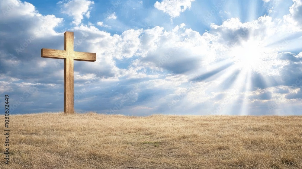 A stunning golden cross shines brightly in the sky, surrounded by rays of light during twilight, representing a powerful symbol of faith and inspiration for believers A stunning golden cross shines brightly in the sky, surrounded by rays of light during twilight, representing a powerful symbol of faith and inspiration for believers