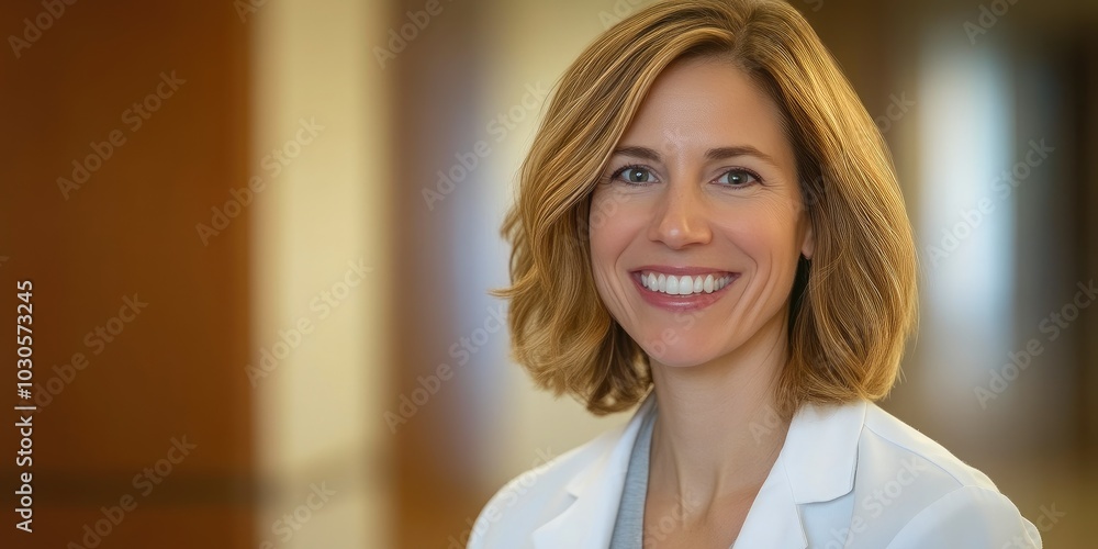 Brightly Lit Office Featuring Smiling Female Doctor Brightly Lit Office Featuring Smiling Female Doctor