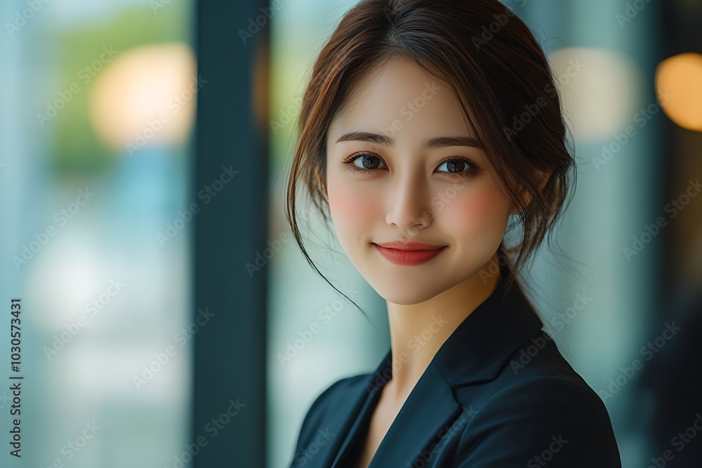 Young Professional Woman Smiling in Office Setting Young Professional Woman Smiling in Office Setting