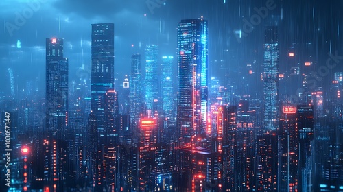 A futuristic cityscape with glowing skyscrapers and digital rain.