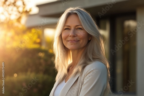 Smiling female realtor posing outside contemporary property