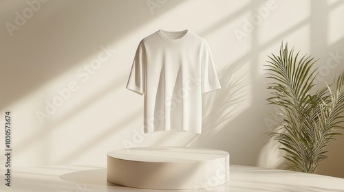 A white t-shirt is beautifully displayed on a circular platform with soft natural lighting and a touch of greenery, creating a minimalist aesthetic.