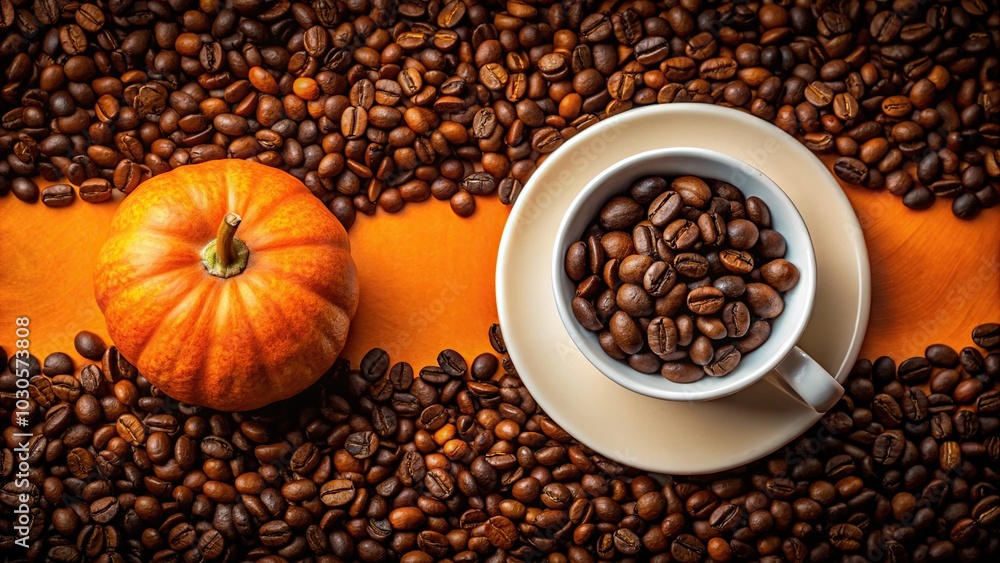 Fototapeta premium High angle view of white coffee cup with coffee beans on orange pumpkin background