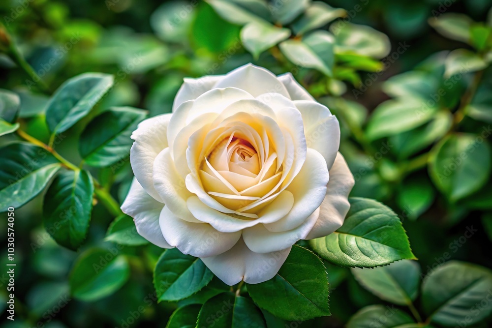 High angle view of white rose blooms surrounded by green leaves High angle view of white rose blooms surrounded by green leaves