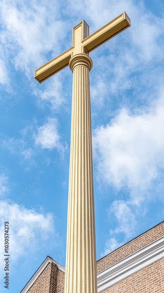 A stunning golden cross shines brightly in the sky, surrounded by rays of light during twilight, representing a powerful symbol of faith and inspiration for believers A stunning golden cross shines brightly in the sky, surrounded by rays of light during twilight, representing a powerful symbol of faith and inspiration for believers