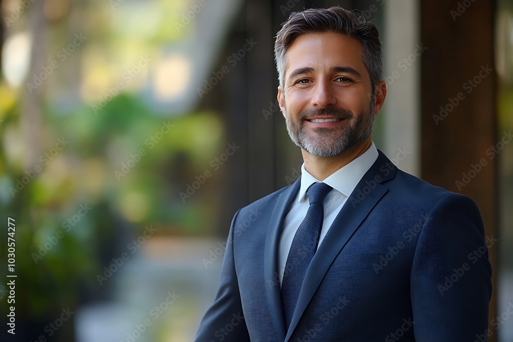 Smiling Middle-Aged Executive in a Suit Outdoors Smiling Middle-Aged Executive in a Suit Outdoors