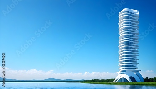 Futuristic minimalistic white tower harmonizing with a clean blue sky and healthy green surroundings photo