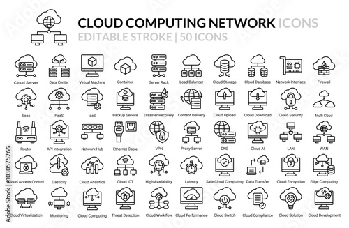 50 Cloud Computing Outline Icon Pack: Modern Icons for Cloud Technology, Data Storage, and Networking