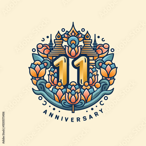 A 11st anniversary logo on a cream and brown pastel background, with a golden '11' surrounded by lotus flowers and Thai stupas. Soft orange, teal, and gold blend to reflect elegance and culture.