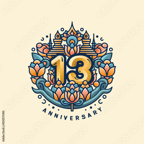 A 13rd anniversary logo on a cream and brown pastel background, with a golden '13' surrounded by lotus flowers and Thai stupas. Soft orange, teal, and gold blend to reflect elegance and culture.