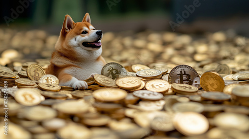 Doge, the meme dog, sitting on a comically large heap of golden coins, with cryptocurrency symbols like Dogecoin and Bitcoin scattered around, creating a humorous financial illustr photo