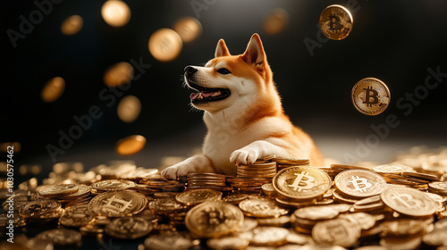 Doge, the meme dog, sitting on a comically large heap of golden coins, with cryptocurrency symbols like Dogecoin and Bitcoin scattered around, creating a humorous financial illustr