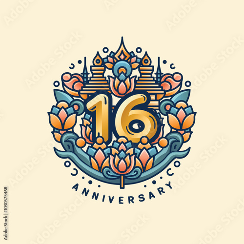 A 16th anniversary logo on a cream and brown pastel background, with a golden '16' surrounded by lotus flowers and Thai stupas. Soft orange, teal, and gold blend to reflect elegance and culture.