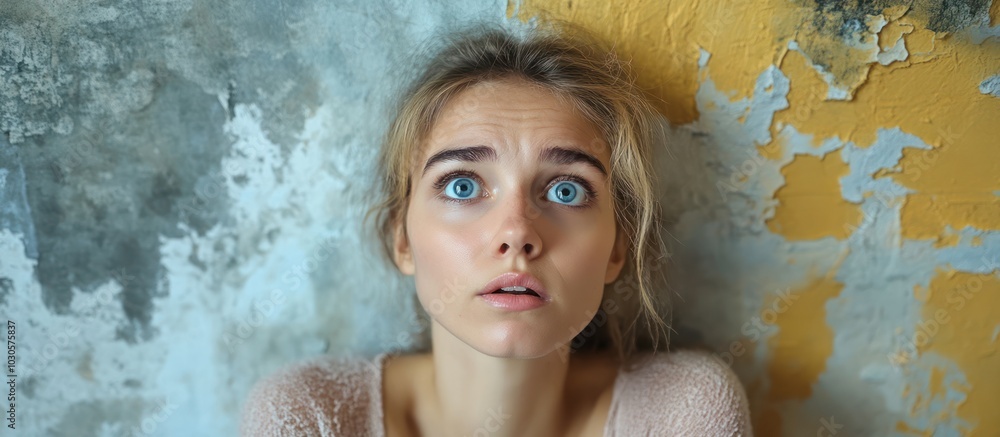 Young woman with blue eyes looking up in fear, against a textured wall. Young woman with blue eyes looking up in fear, against a textured wall.