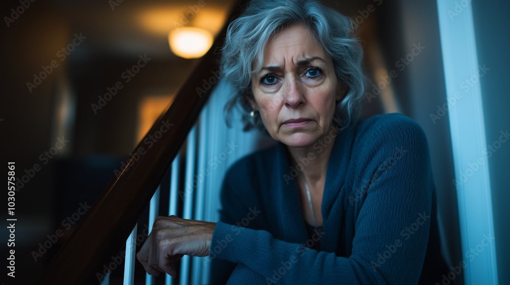 A woman struggling to climb stairs in her home, her hand gripping the railing tightly, with a look of pain on her face, representing the impact of osteoarthritis on mobility. A woman struggling to climb stairs in her home, her hand gripping the railing tightly, with a look of pain on her face, representing the impact of osteoarthritis on mobility.