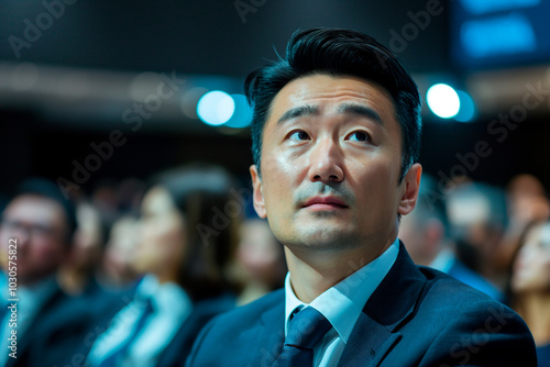 handsome man in a suit sitting in the audience at the business convention