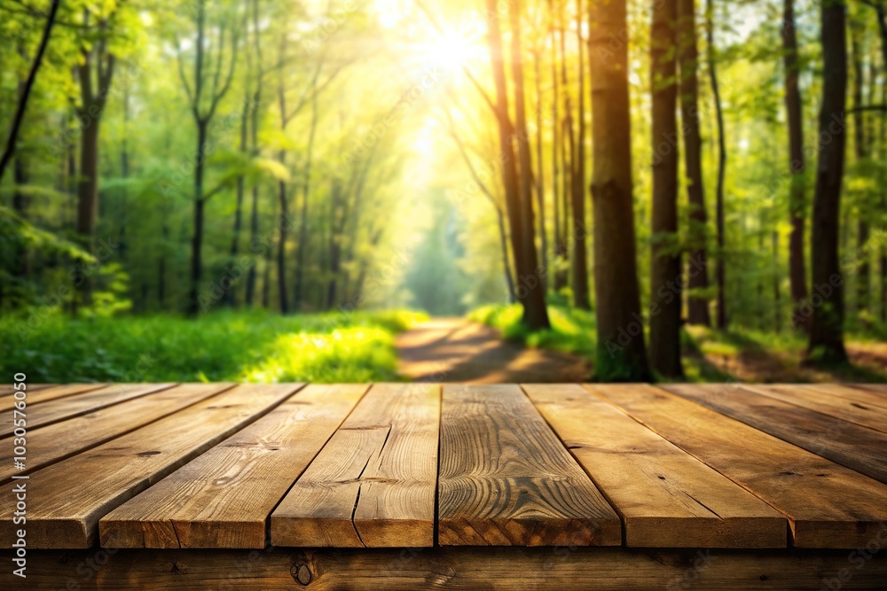 High angle wooden table with beautiful spring forest background High angle wooden table with beautiful spring forest background