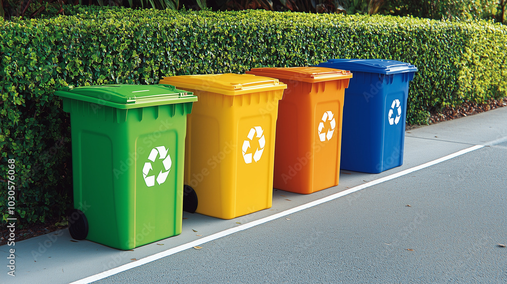 A row of four brightly colored recycling bins lined up along a sidewalk, each in a different vibrant color A row of four brightly colored recycling bins lined up along a sidewalk, each in a different vibrant color
