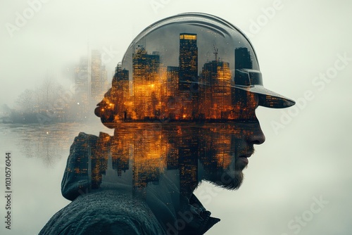Reflective cityscape illuminating construction dreams