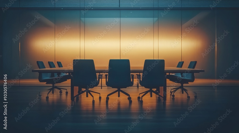 A dimly lit conference room with a long table and ergonomic chairs, suggesting a business meeting. A dimly lit conference room with a long table and ergonomic chairs, suggesting a business meeting.