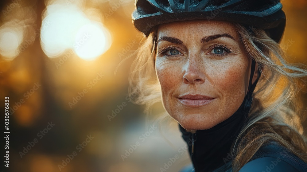 Woman cyclist enjoying sunset with a peaceful look Woman cyclist enjoying sunset with a peaceful look