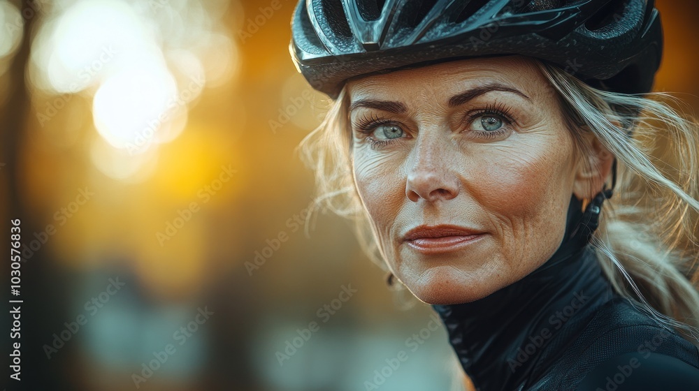 Cyclist's captivating gaze amidst autumn scenery Cyclist's captivating gaze amidst autumn scenery