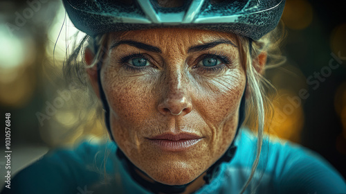 Intense woman cyclist, helmeted, with piercing gaze