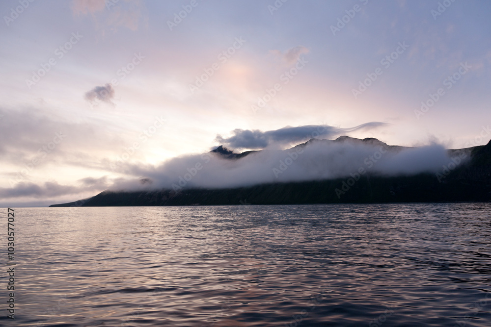 Russia Kuril Islands view from the sea on a sunny summer day Russia Kuril Islands view from the sea on a sunny summer day