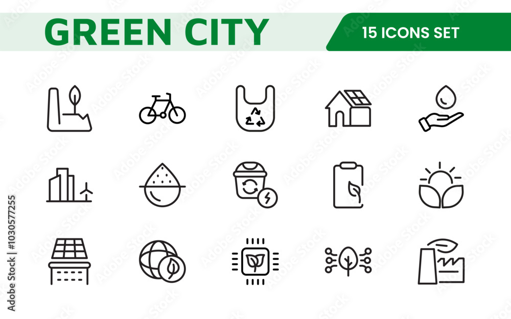 Line icons about green city. Sustainable development. Contains such icons as renewable energy, autonomous building, air and water quality. Line icons about green city. Sustainable development. Contains such icons as renewable energy, autonomous building, air and water quality.