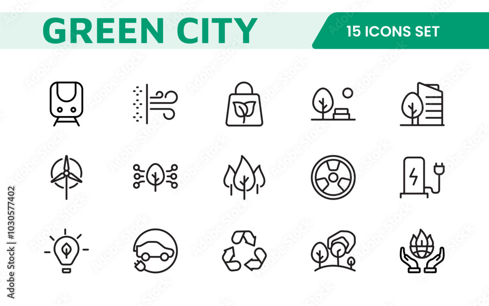 Line icons about green city. Sustainable development. Contains such icons as renewable energy, autonomous building, air and water quality. Line icons about green city. Sustainable development. Contains such icons as renewable energy, autonomous building, air and water quality.