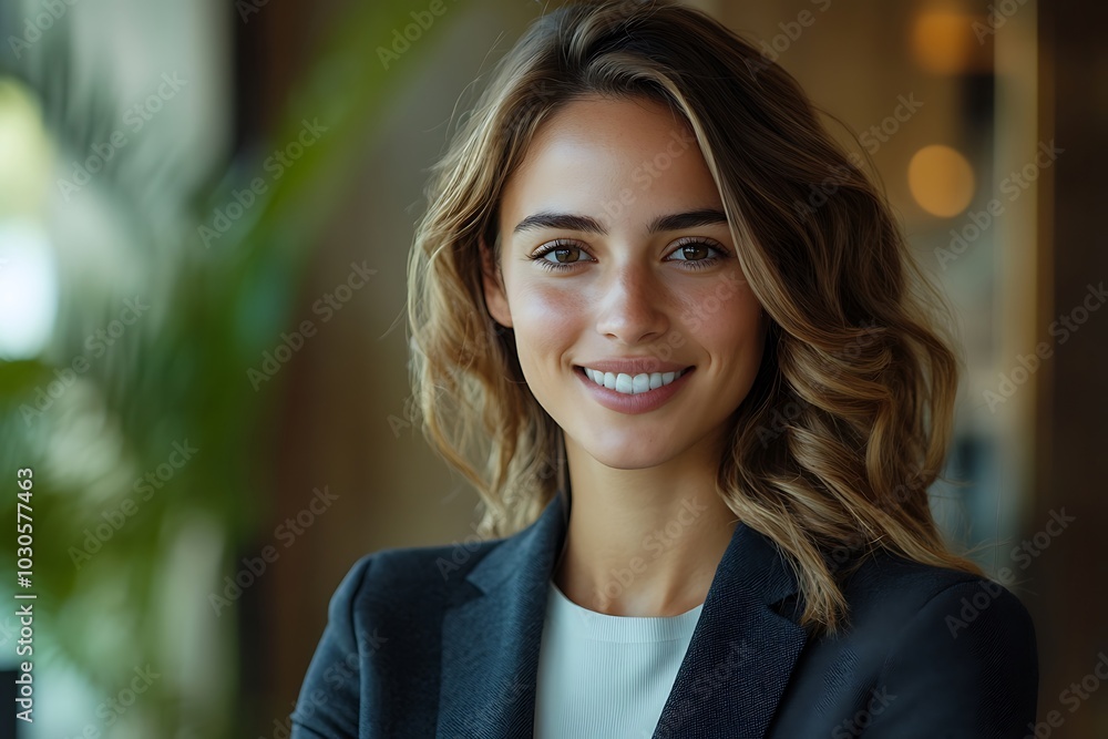 Young Businesswoman Smiling Confidently in Modern Office Setting Young Businesswoman Smiling Confidently in Modern Office Setting