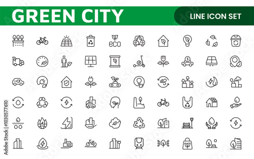Line icons about green city. Sustainable development. Contains such icons as renewable energy, autonomous building, air and water quality.