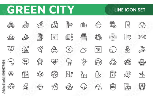 Line icons about green city. Sustainable development. Contains such icons as renewable energy, autonomous building, air and water quality.